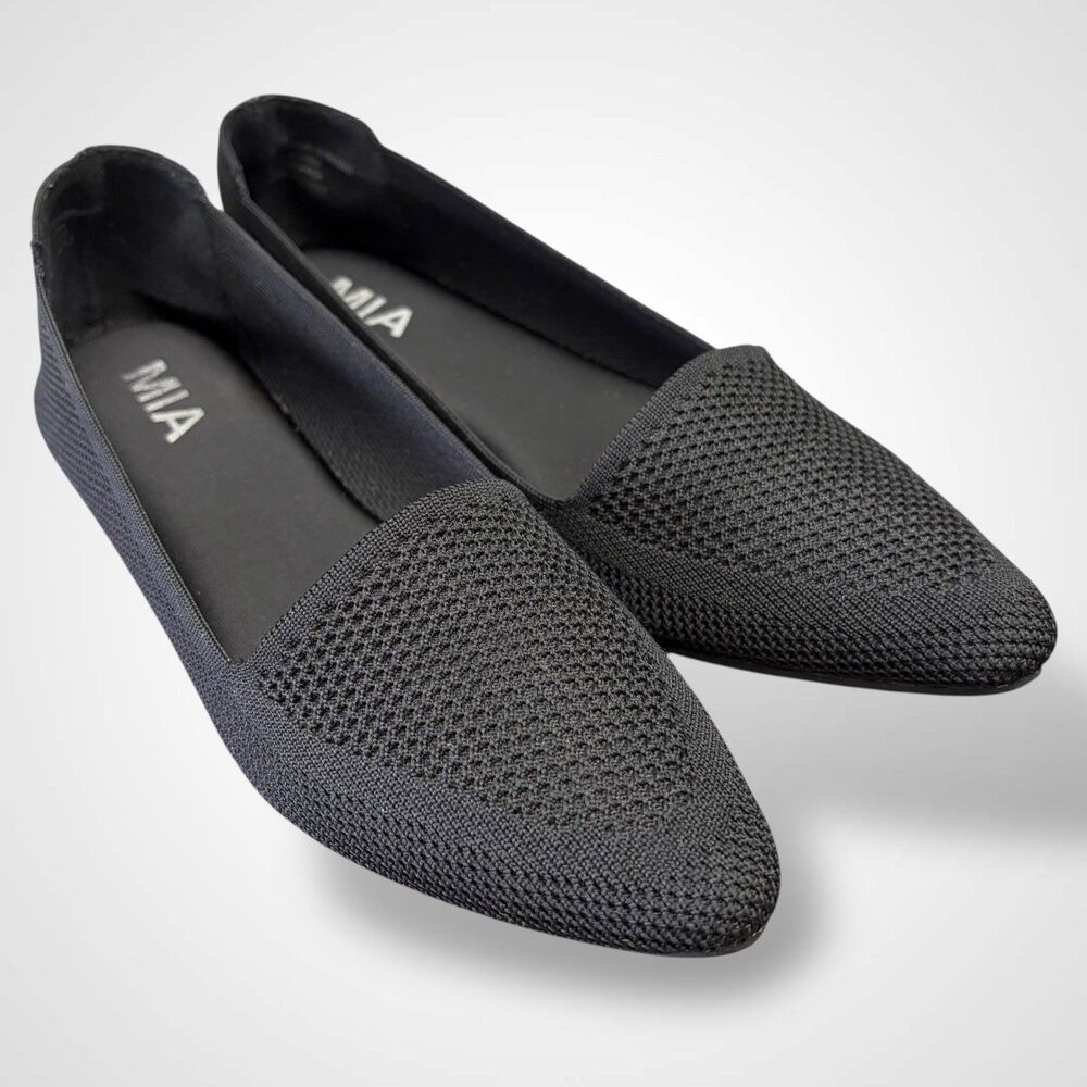 MIA Women Knit Stretchy Pointy Flats Shoes Size 6.5 M Black Comfort Academia